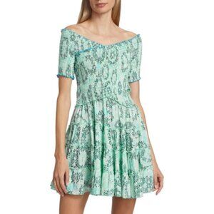 Poupette St Barth 'Soledad' Smocked Floral Mini Dress, Aqua Sunflower